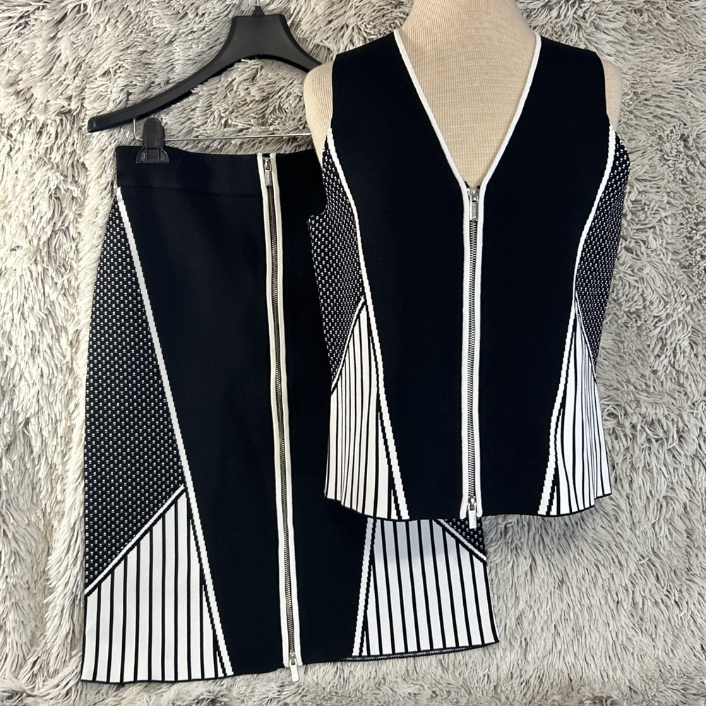 Cache 90's Y2K Black White 2 Piece‎ Skirt Set Sexy Stretch Front Zip Small NWT